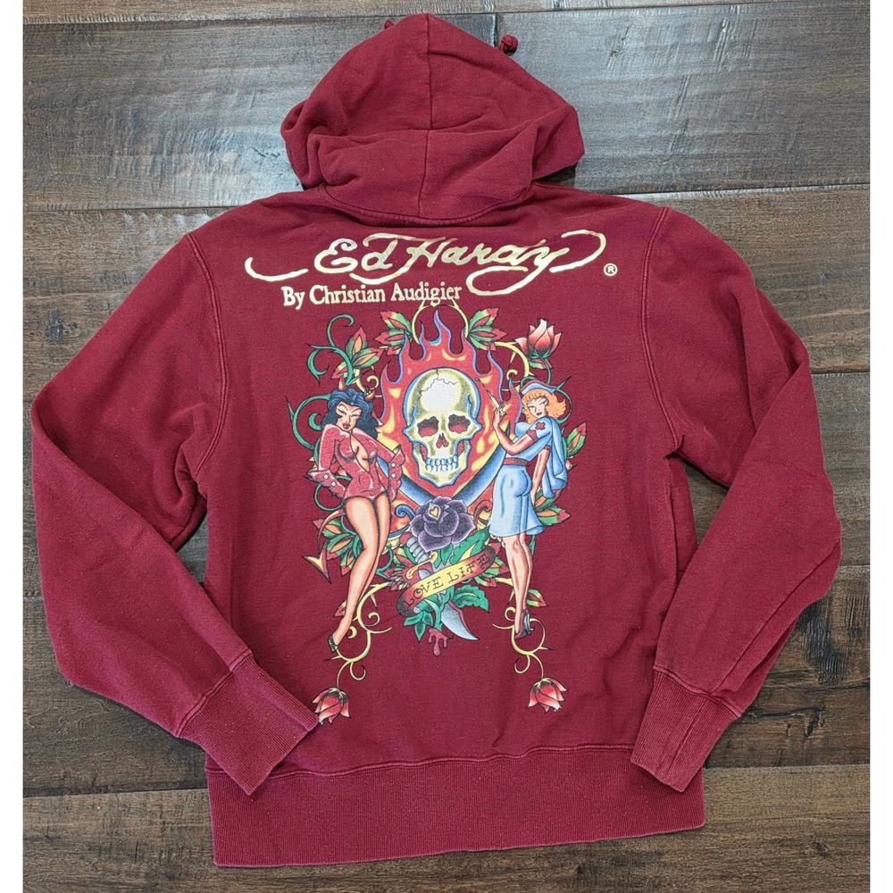 Y2K Ed Hardy Christian Audigier Hoodie Red Grunge Tattoo Skull Pinup Zip Up M